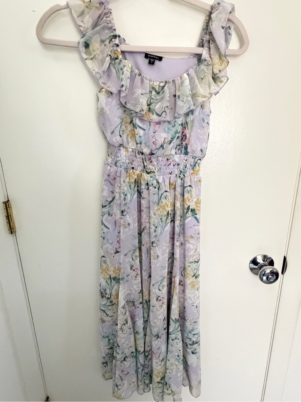 Zunie Lavender Floral Maxi Dress with Ruffle Neckline